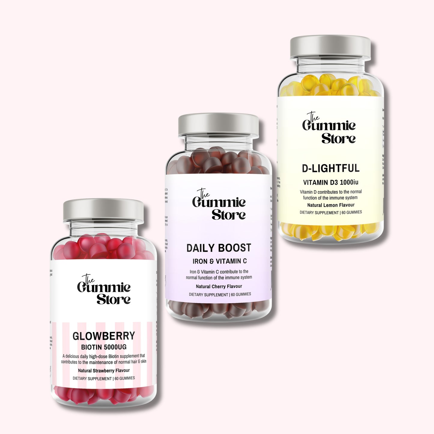 Three bottles of gummy supplements from The Gummy Store on a white background