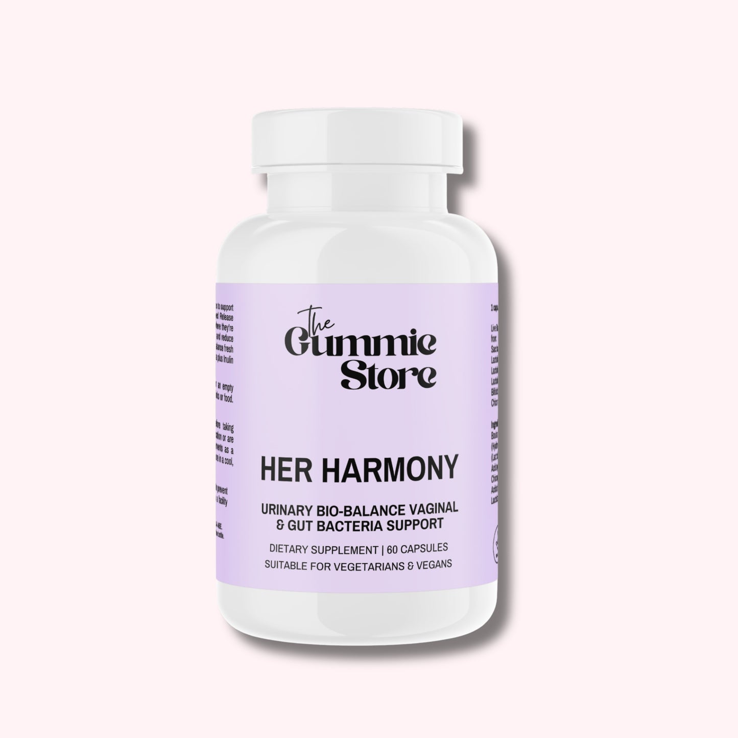 Supplement bottle labeled 'Her Harmony' from The Gummy Store on a light purple background