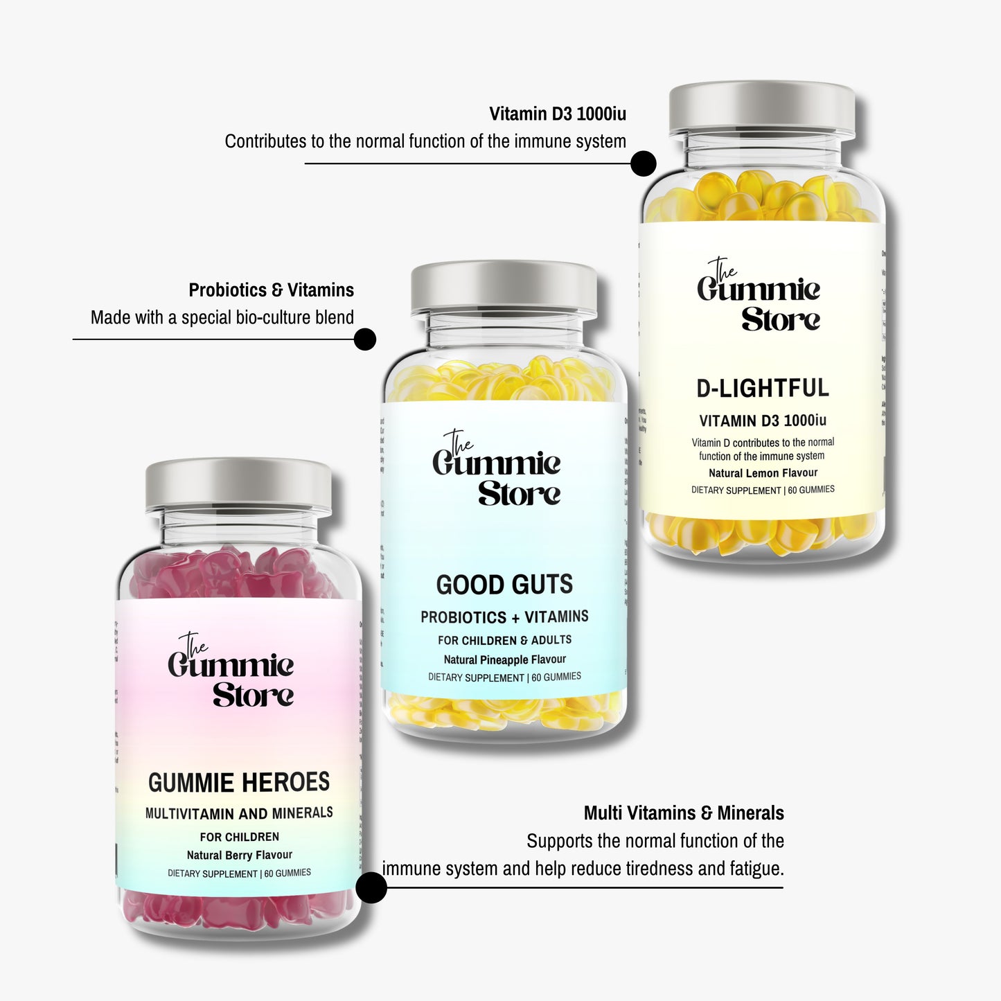Three gummy supplement bottles from The Gummie Store on a white background