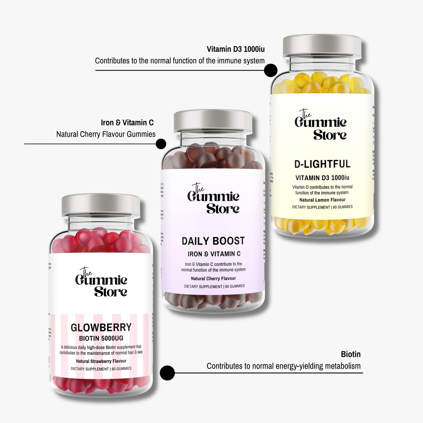 Four bottles of The Gummy Store gummy supplements on a white background