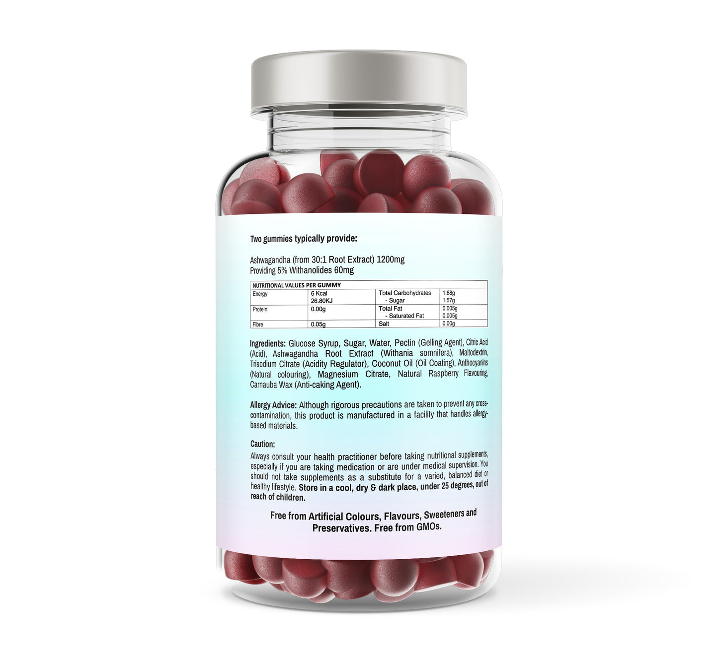 Jar of red gummies with a label on a white background