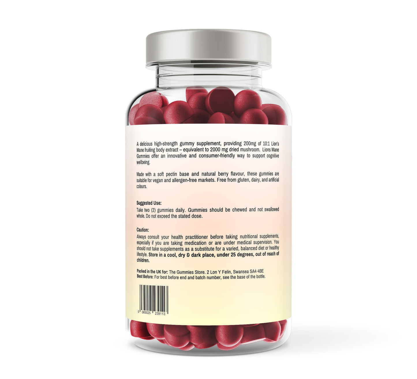 Supplement bottle with red gummies and label on a white background