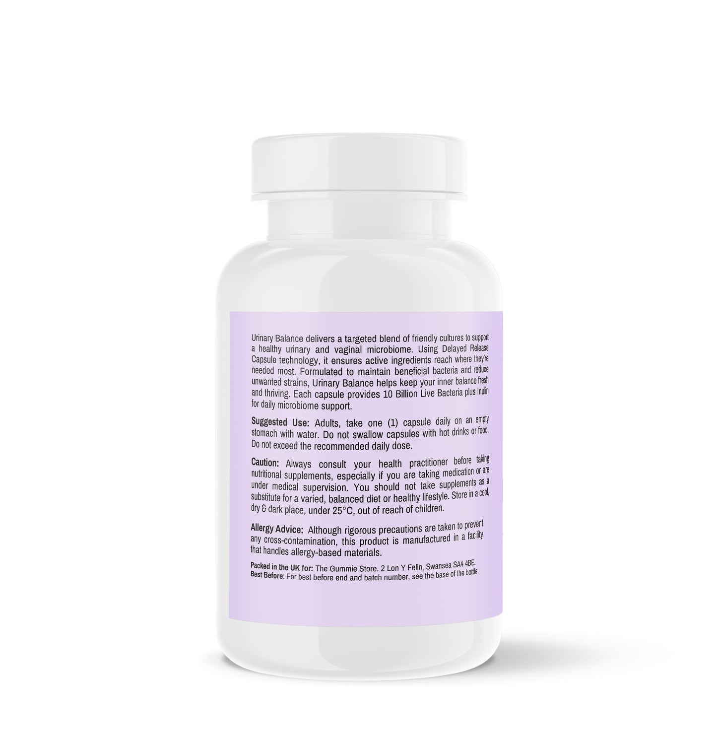 Supplement bottle with a purple label on a white background