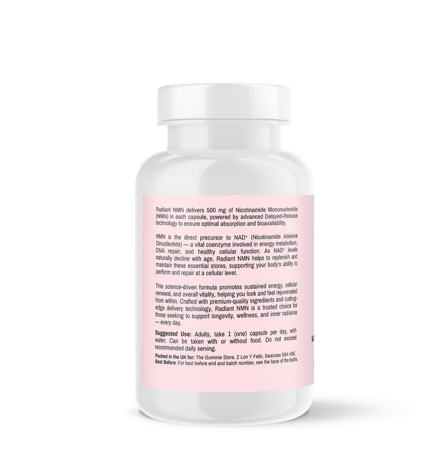 Supplement bottle with pink label on a white background