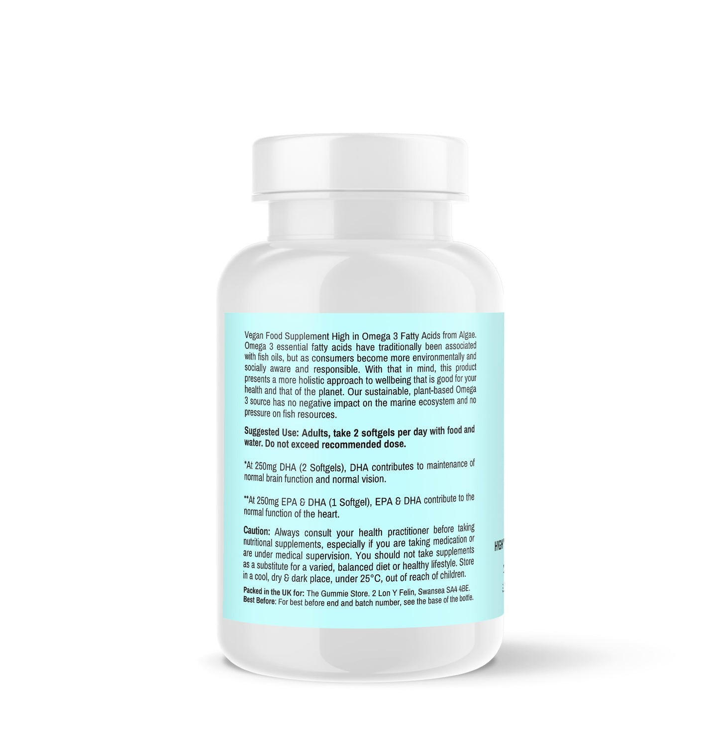 Supplement bottle with a blue label on a white background